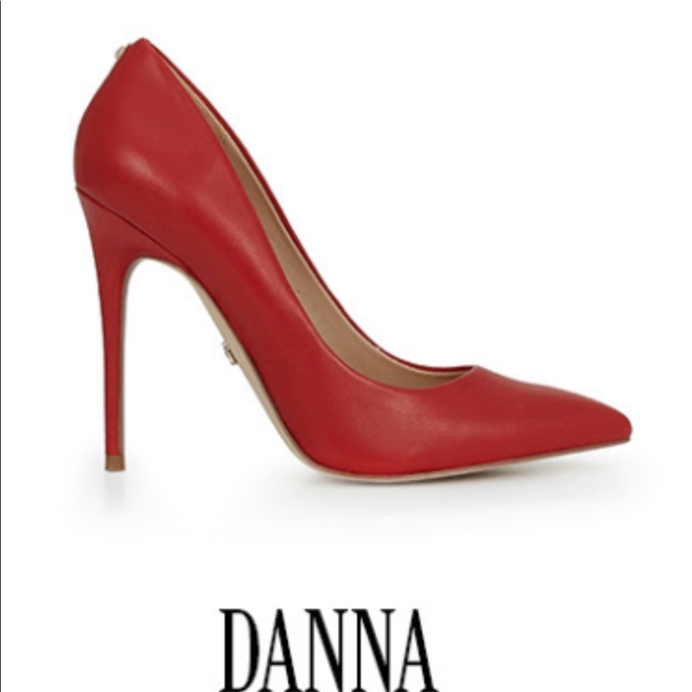 Red leather pumps